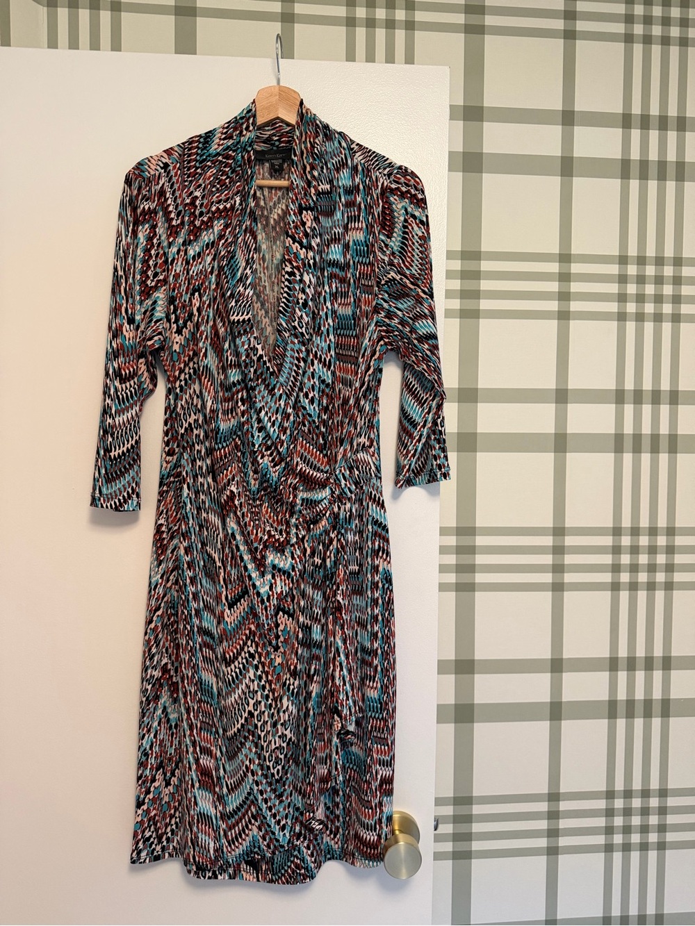 Karen Kane Multi-Color Wrap Dress in Teal and Rust